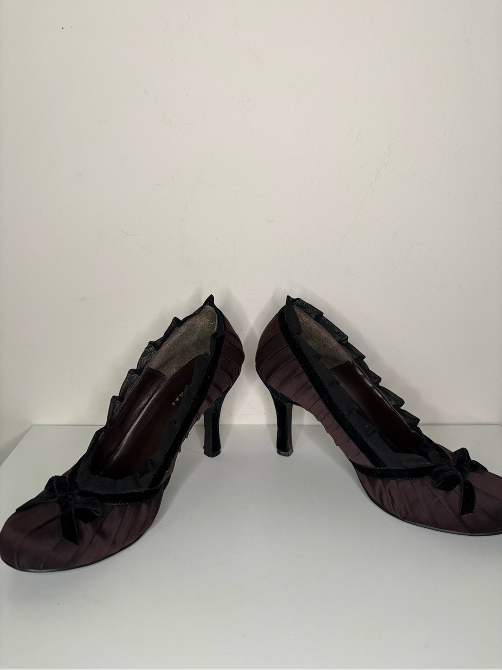 Women's Delicious Dark Plum Satin Pumps with Velvet Trim 8 - Picture 4 of 9